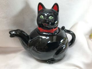 Vintage Shafford Black Cat Green Eye Teapot Japan Redware 7 1/4”h X 10” W