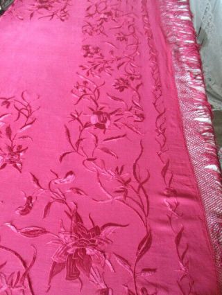 Stunning Antique Embroidered Silk Piano Shawl.  C1920.  Cherry Red.  Deep Fringe