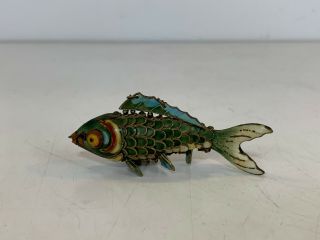 Vintage Antique Chinese Silver Cloisonne Enamel Articulated Fish Figurine Green