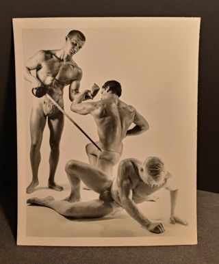 Vintage Photo B&w 4x5 Semi - Nude Male Models.  3 Men And A Sword,  Gay Interest