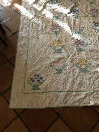 Antique Large White Hand Sewn Quilt With Geometric Basket Pattern - 67” X 87”