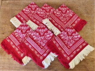 Rare Antique 19th C Turkey Red Damask Linen Flax Napkins Set 6 Fold Lines