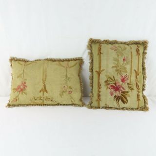 2 Aubusson Tapestry Pillows Custom Made France Fringe Handwoven Throw