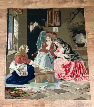 A Large Antique 19th Century Woolwork Tapestry Of Three Ladies Playing Cards