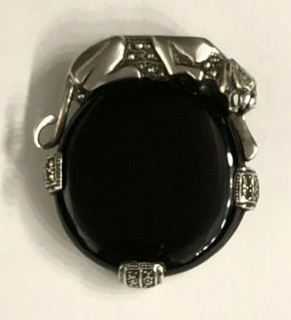 Vtg Sterling Silver Black Onyx Marcasite Panther Brooch Pin Pendant Necklace