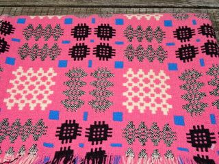 Vintage Welsh Wool Tapestry Blanket / Throw 88 " X 72 " - Pink Blue Black