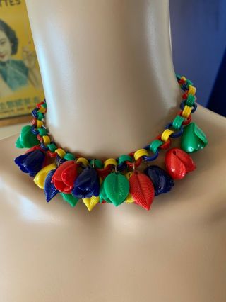 Vintage 1930s 40s Bakelite Colorful Tulips Flowers Necklace