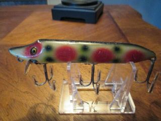 Vintage Heddon Dowagiac Vamp Wood Glass Eyes Fishing Lure Stawberry Spot Ex Cond