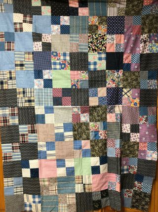 Double Four Patch Quilt Top C.  1930 And Earlier Machine Pieced 70x52 Many Fabrics
