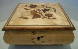 Vintage Inlaid Wood Reuge Swiss Movement Music Jewelry Box 6 X 6 Made In Italy
