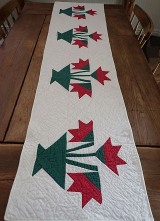 Long Antique Rich Red & Green Peonies Table Quilt Runner 68x16