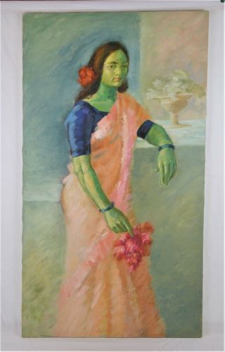 Vintage Mid Century Abstract Modern Art Oil Painting Of Indian Woman Signed