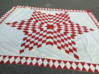 Vintage Red & White Star Quilt Top Ready To Finish Size 80.  X.  92 Inches