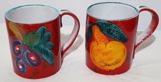 Hand Painted Coffee Cups Set Of 2 Red With Fruit 12 Oz 4 " Tall Italian Mugs
