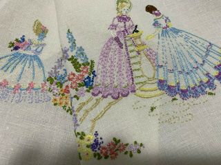 Vintage Hand Embroidered Table Runner/cloth - Three Stunning Crinoline Ladies