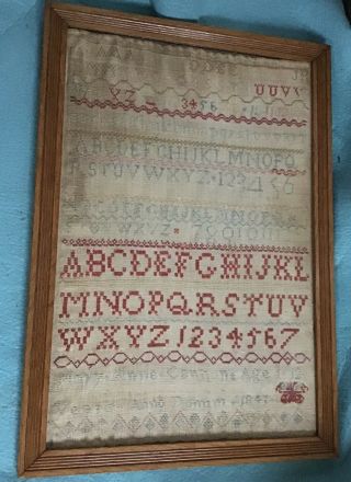 1841 Antique Alphabet Sampler Mary Anne Cannon Age 12,  Framed 19.  5 X13.  5”
