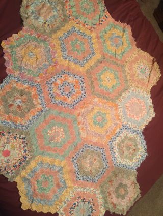 Antique Flower Garden Quilt Top Vintage Feedsack Scrap Fabrics Hexagons Repairs