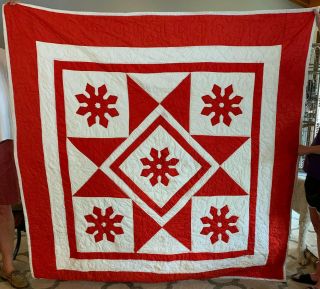 Antique Red And White Hand Stitched Cutout Applique Quilt 74x74 "