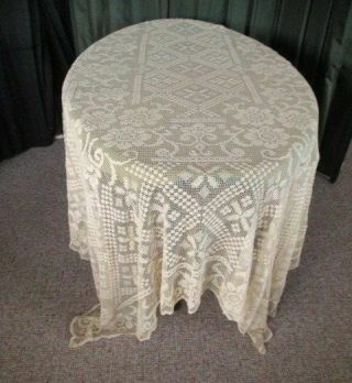 Vintage Italian Embroidered Net Tablecloth - Deep Cream - Large -