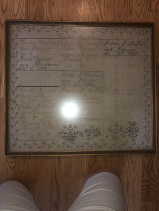 19th C Needlepoint Textile Family Record Raynor Sampler Flowers Tulip 1797 - 1827