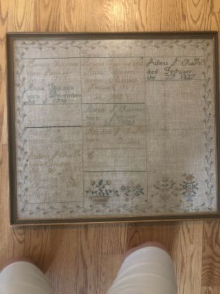 19th C Needlepoint Textile Family Record Raynor SAMPLER Flowers Tulip 1797 - 1827 2