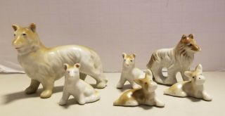 Vintage Set Of 6 Miniature Porcelain Family Of Dogs Japan