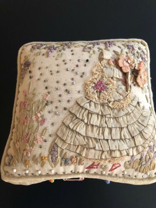 Antique Lace - Circa 1900’s,  Sweet Silk Pin Cushion W/lady In Period Dress