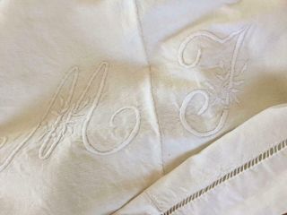 Lovely Vintage French Linen Metis Sheet Mono M T Ladder Hem All Hand Sewn Exc