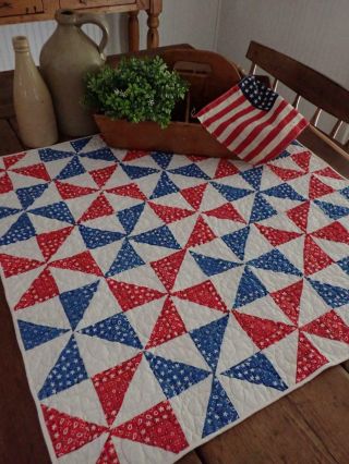 Vintage Patriotic Americana Red White Blue Table Quilt 28x28