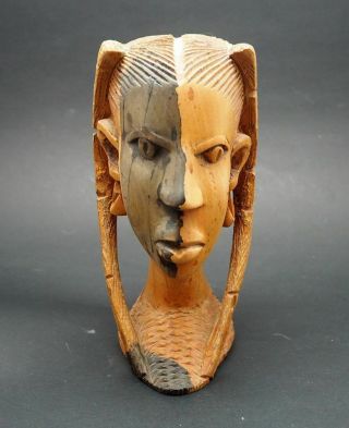 Vintage African Tribal Head Busts Man & Woman Hand Carved Wood Nigerian Art