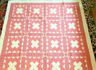 Vintage Hand Pieced & Quilted Red Pink & White Nine Patch Quilt,  78 " X 76 "