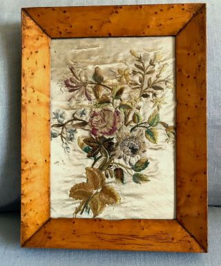 Antique Georgian Silk Embroidery In Birds Eye Maple Frame English Flowers