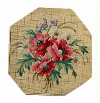 Antique Berlin Woolwork Hand Painted Chart Pattern Poppies Floral