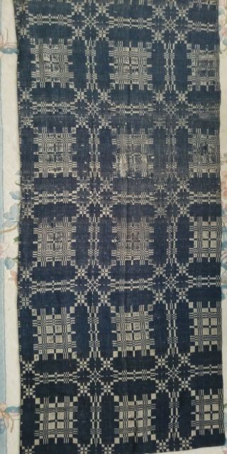 Antique Hand Woven Blue & White Jacquard Coverlet/blanket 1800 