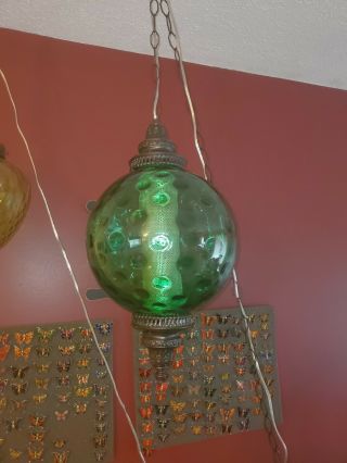 Vintage Hanging Retro Mcm Glass Swag Lamp Light Green / Emerald With Diffuser