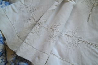 Antique French Linen Dowry Sheet.  Daisy Poppies Wheat Sheaf Embroidery