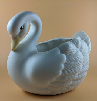 Homco White Swan Planter 1402 Home Interiors Ceramic Porcelain Bisque Cygnet