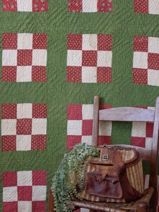 Early Antique Civil War Era Green & Red Nine Patch Quilt Primitive Farm House 85