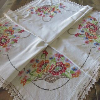 Gorgeous Hand Embroidery Vintage 30s Red Poppy Basket Tablecloth 46x44