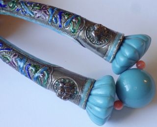 Antique Chinese Silver Enamel Finger Guard Blue Peking Glass Pink Coral Necklace