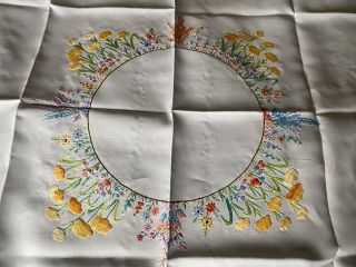 Vintage Floral Heavily Hand Embroidered White Irish Linen Med.  Tablecloth 2