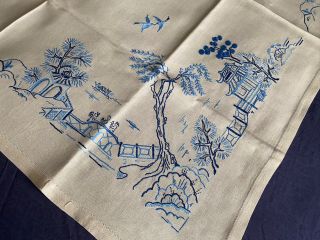 Vintage Hand Embroidered Willow Pattern Beige Irish Linen Med.  Tablecloth