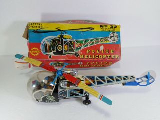 Vintage Tin Toy Police Helicopter Battery Operated By Lyra Made In Greece