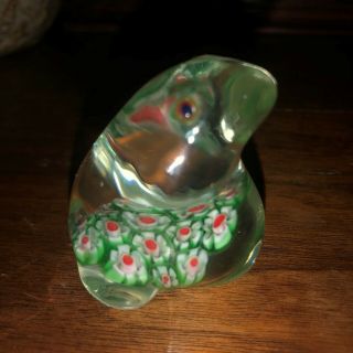 Vintage Art Clear Glass Paperweight Frog Shaped Green Red Floral Design 2.  5 "