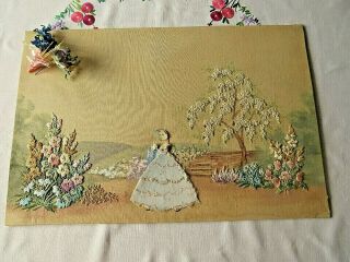 Vintage Hand Embroidered Picture - Crinoline Lady & Gardens