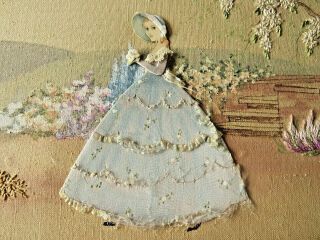 VINTAGE HAND EMBROIDERED PICTURE - CRINOLINE LADY & GARDENS 3