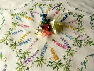 Vintage Hand Embroidered Tablecloth=exquisite Circle Of Delicate Blossom