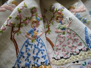 Vintage Hand Embroidered Tablecloth - Sweetest Putti Cherubs & Crinoline Ladies