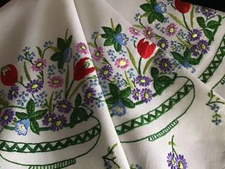 Gorgeous Vintage Linen Hand Embroidered Tablecloth Lovely Floral Vases.