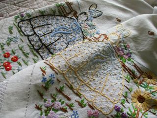Vintage Hand Embroidered Tablecloth - Crinoline Ladies/bird Bath & Flora
